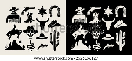 Western-themed vector graphics including cowboys, cacti, skulls, horses, and more, are available in black and white variations. I