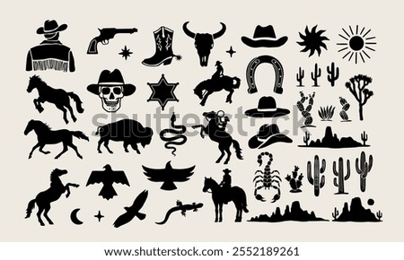 Western-themed vector graphics including cowboys, cacti, skulls, horses, and more, are available in black and white variations.