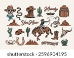 A Western-themed vector illustration set with cowboys, horses, hats, boots, skulls, cacti, and classic Wild West elements. Perfect for t-shirts, stickers, posters, and branding.