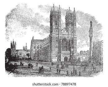 Westminster Abbey or Collegiate Church of St Peter in London, England, during the 1890s, vintage engraving. Illustration of Westminster Abbey with people in front. Trousset encyclopedia (1886 - 1891)