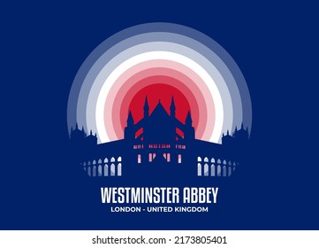 Westminster Abbey illustration. Famous statue and building in moonlight illustration. Color tone based on official country flag. Vector eps 10.