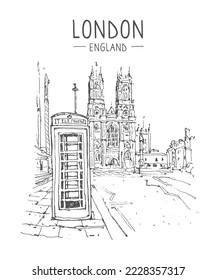 Westminster Abbey and telephone booth in London. Vector architecture sketch illustration. Hand drawn sketch of London city, UK. Isolated on white background. Travel sketch. Hand drawn travel postcard.