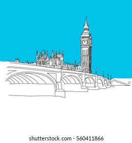 Westminster and Big Ben, hand-drawn vector drawing, blue series