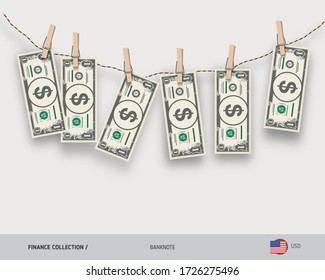 Wet 1 US Dollar banknotes hanging on rope attached with clothes pins. Money laundering concept. Dirty money. Flat style vector illustration.