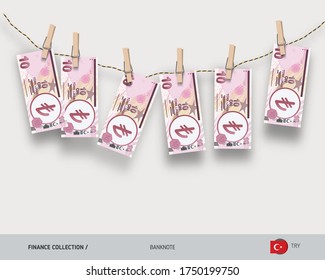 Wet 10 Turkish Lira banknotes hanging on rope attached with clothes pins. Money laundering concept. Dirty money. Flat style vector illustration.