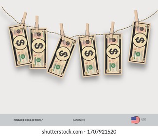 Wet 10 US Dollar banknotes hanging on rope attached with clothes pins. Money laundering concept. Dirty money. Flat style vector illustration.