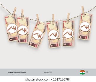 Wet 1000 Indian Rupee banknotes hanging on rope attached with clothes pins. Money laundering concept. Dirty money. Flat style vector illustration.