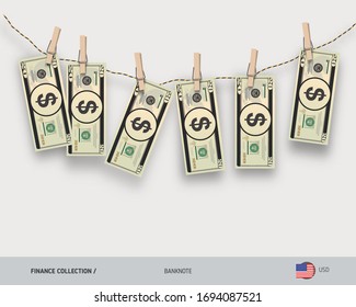 Wet 20 US Dollar banknotes hanging on rope attached with clothes pins. Money laundering concept. Dirty money. Flat style vector illustration.