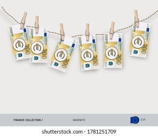 Wet 200 Euro banknotes hanging on rope attached with clothes pins. Money laundering concept. Dirty money. Flat style vector illustration.