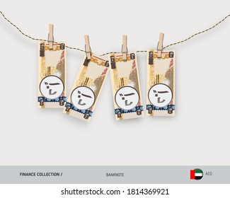 Wet 200 United Arab Emirates Dirham banknotes hanging on rope attached with clothes pins. Money laundering concept. Dirty money. Flat style vector illustration.