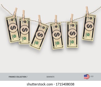 Wet 5 US Dollar banknotes hanging on rope attached with clothes pins. Money laundering concept. Dirty money. Flat style vector illustration.