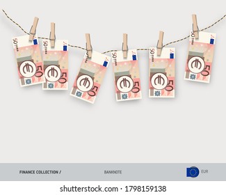 Wet 50 Euro banknotes hanging on rope attached with clothes pins. Money laundering concept. Dirty money. Flat style vector illustration.