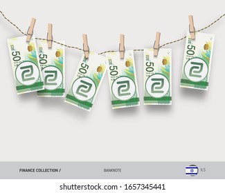 Wet 50 Israeli New Shekel banknotes hanging on rope attached with clothes pins. Money laundering concept. Dirty money. Flat style vector illustration.