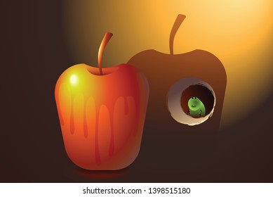 wet apple cast shadow on wall. green worm in hole of wall. maggot eats  shadow of apple instead of red apple