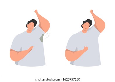 Wet armpits. Smelly, sweaty stains on male clothes. Hyperhidrosis people, sweat spots prevention. Vector illustration.