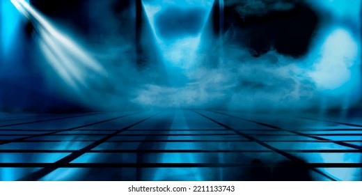 Wet asphalt, reflection of neon lights, a searchlight, smoke. Smoke, smog. Dark background scene of empty street, night view, night city. Neon red and blue light.