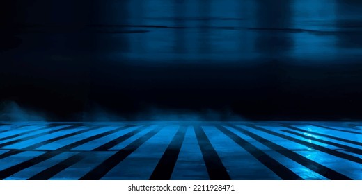 Wet Asphalt, Reflection Of Neon Lights, A Searchlight, Smoke. Smoke, Smog. Dark Background Scene Of Empty Street, Night View, Night City. Neon Red And Blue Light