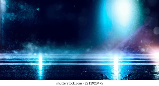 Wet Asphalt, Reflection Of Neon Lights, A Searchlight, Smoke. Smoke, Smog. Dark Background Scene Of Empty Street, Night View, Night City. Neon Red And Blue Light