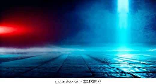 Wet Asphalt, Reflection Of Neon Lights, A Searchlight, Smoke. Smoke, Smog. Dark Background Scene Of Empty Street, Night View, Night City. Neon Red And Blue Light