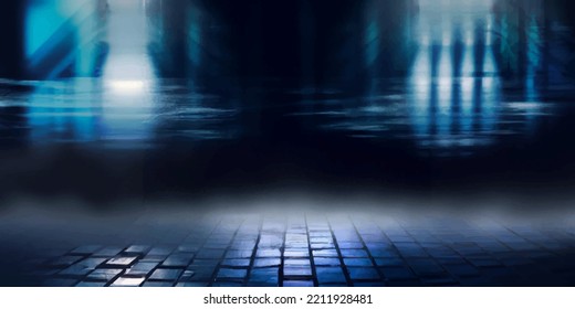 Wet Asphalt, Reflection Of Neon Lights, A Searchlight, Smoke. Smoke, Smog. Dark Background Scene Of Empty Street, Night View, Night City. Neon Red And Blue Light