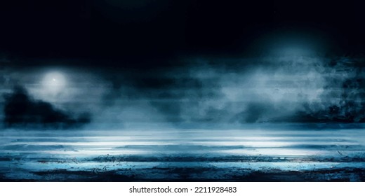 Wet Asphalt, Reflection Of Neon Lights, A Searchlight, Smoke. Smoke, Smog. Dark Background Scene Of Empty Street, Night View, Night City. Neon Red And Blue Light