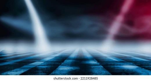 Wet Asphalt, Reflection Of Neon Lights, A Searchlight, Smoke. Smoke, Smog. Dark Background Scene Of Empty Street, Night View, Night City. Neon Red And Blue Light