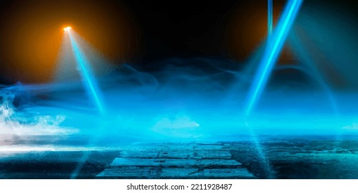 Wet Asphalt, Reflection Of Neon Lights, A Searchlight, Smoke. Smoke, Smog. Dark Background Scene Of Empty Street, Night View, Night City. Neon Red And Blue Light