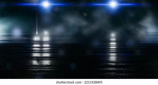 Wet asphalt, reflection of neon lights, a searchlight, smoke. Smoke, smog. Dark background scene of empty street, night view, night city. Neon red and blue light