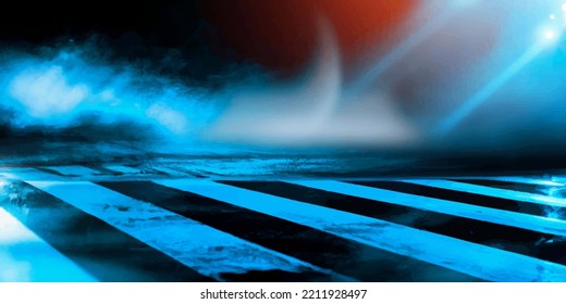 Wet asphalt, reflection of neon lights, a searchlight, smoke. Smoke, smog. Dark background scene of empty street, night view, night city. Neon red and blue light