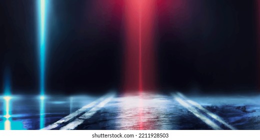 Wet asphalt, reflection of neon lights, a searchlight, smoke. Smoke, smog. Dark background scene of empty street, night view, night city. Neon red and blue light