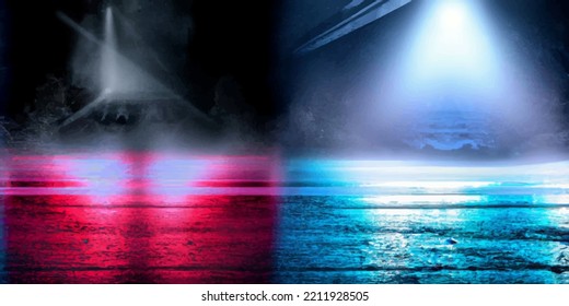 Wet asphalt, reflection of neon lights, a searchlight, smoke. Smoke, smog. Dark background scene of empty street, night view, night city. Neon red and blue light