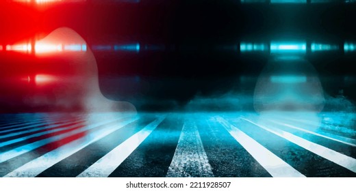 Nass Asphalt, Reflexion der Neonleuchten, ein Suchlicht, Rauch. Rauch, Smog. Dunkle Hintergrundszene leerer Straßen, Nachtsicht, Nachtstadt. Neonrot und blaues Licht