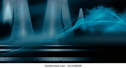 Wet asphalt, reflection of neon lights, a searchlight, smoke. Smoke, smog. Dark background scene of empty street, night view, night city. Neon red and blue light