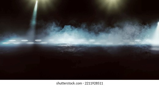 Asfalto húmedo, reflejo de las luces de neón, un foco reflector, humo. Humo, smog. Escena de fondo oscuro de calle vacía, vista nocturna, ciudad nocturna. Luz roja y azul neón