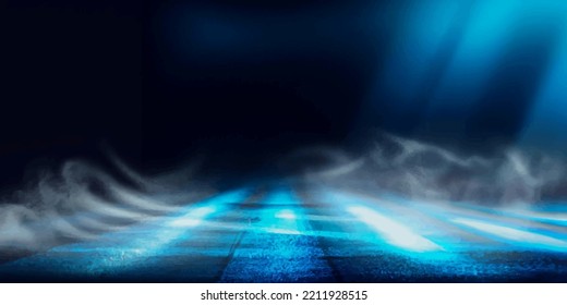 Wet asphalt, reflection of neon lights, a searchlight, smoke. Smoke, smog. Dark background scene of empty street, night view, night city. Neon red and blue light