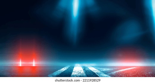 Wet Asphalt, Reflection Of Neon Lights, A Searchlight, Smoke. Smoke, Smog. Dark Background Scene Of Empty Street, Night View, Night City. Neon Red And Blue Light