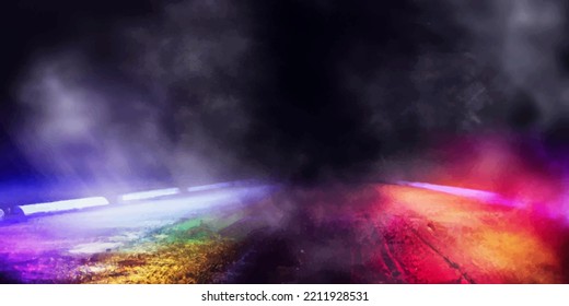 Wet asphalt, reflection of neon lights, a searchlight, smoke. Smoke, smog. Dark background scene of empty street, night view, night city. Neon red and blue light