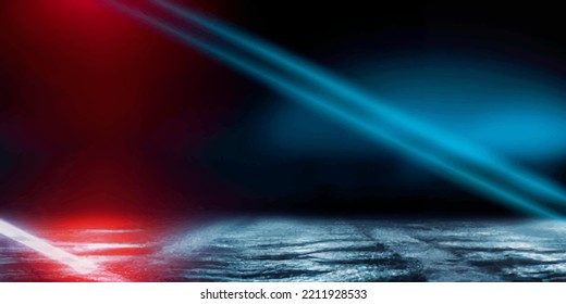 Wet asphalt, reflection of neon lights, a searchlight, smoke. Smoke, smog. Dark background scene of empty street, night view, night city. Neon red and blue light