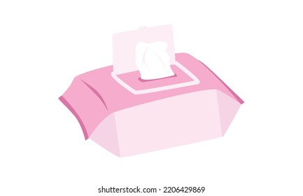 Lámina de toallitas húmedas. Un bebé simple y lindo de color rosa limpia la ilustración vectorial plana. Láminas mojadas en plástico tipo caricatura. Niños, ducha de bebé, decoración de guardería. Toallas antibacterianas, papel higiénico