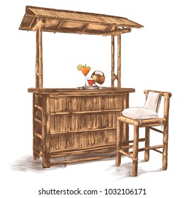 a wet bar with a canopy made of bamboo with bar stools and cocktails, sketch vector graphics color picture