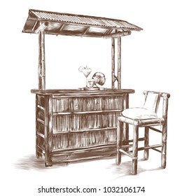 a wet bar with a canopy made of bamboo with bar stools and cocktails, sketch vector graphics monochrome drawing