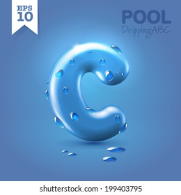 Wet blue glossy vector font - capital C with fresh drops of water on it hanging over blue background