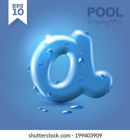 Wet Blue Glossy Vector Font - Capital A With Fresh Drops Of Water On It Hanging Over Blue Background