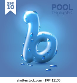 Wet blue glossy vector font - capital B with fresh drops of water on it hanging over blue background