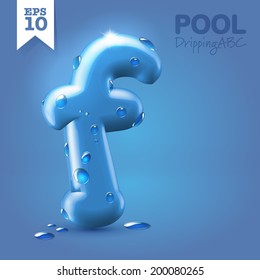 Wet blue glossy vector font - F with fresh drops of water on it hanging over blue background