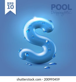 Wet Blue Glossy Vector Font - S With Fresh Drops Of Water On It Hanging Over Blue Background