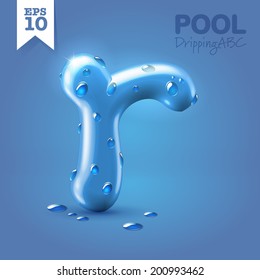 Wet blue glossy vector font - R with fresh drops of water on it hanging over blue background