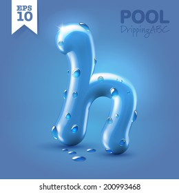 Wet Blue Glossy Vector Font - H With Fresh Drops Of Water On It Hanging Over Blue Background