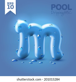 Wet Blue Glossy Vector Font - M With Fresh Drops Of Water On It Hanging Over Blue Background