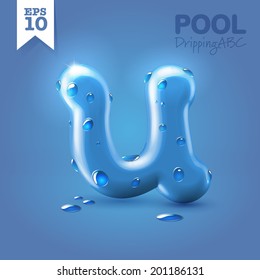 Wet blue glossy vector font - U with fresh drops of water on it hanging over blue background